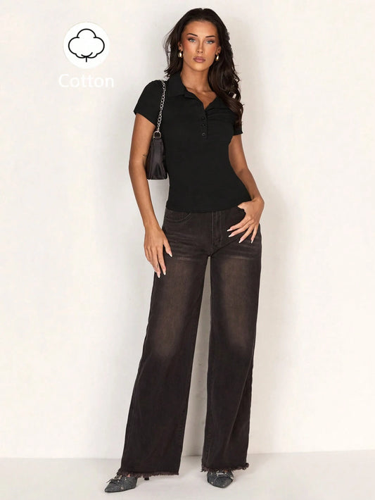 Glamine Polo Collar Button Short Sleeve Fitted Sporty Slim Waist Minimalist Casual Women T-Shirt Occasion Black Summer