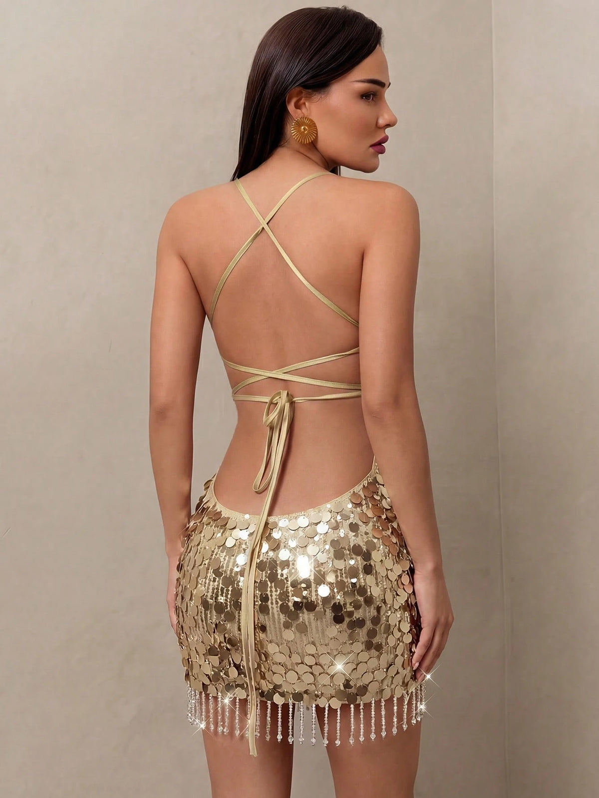 Glamine Women's Summer Sexy Nightclub Party Vacation Style Sequin Backless Lace-Up Knot Mini Dress