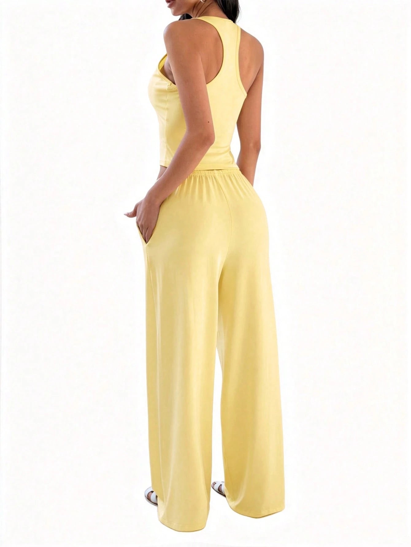 GLAMSKIN Women's Summer/Autumn Basic Solid Color Halter V-Neck 2 Pieces Set, Cropped Tank Top + Drawstring Wide Leg Pants, Back To School And Yellow