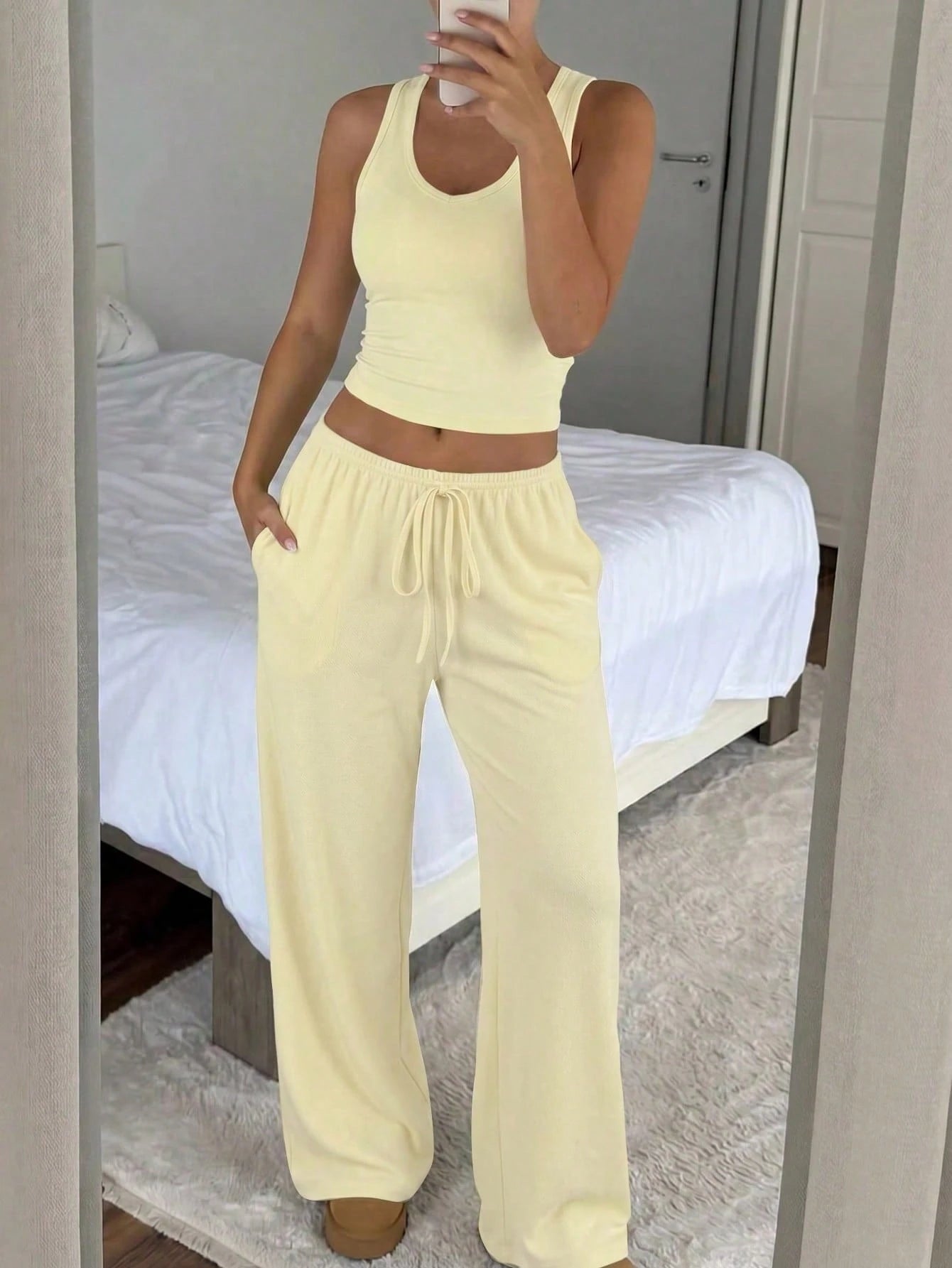 GLAMSKIN Women's Summer/Autumn Basic Solid Color Halter V-Neck 2 Pieces Set, Cropped Tank Top + Drawstring Wide Leg Pants, Back To School And Yellow