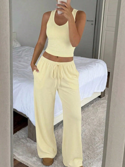 GLAMSKIN Women's Summer/Autumn Basic Solid Color Halter V-Neck 2 Pieces Set, Cropped Tank Top + Drawstring Wide Leg Pants, Back To School And Yellow