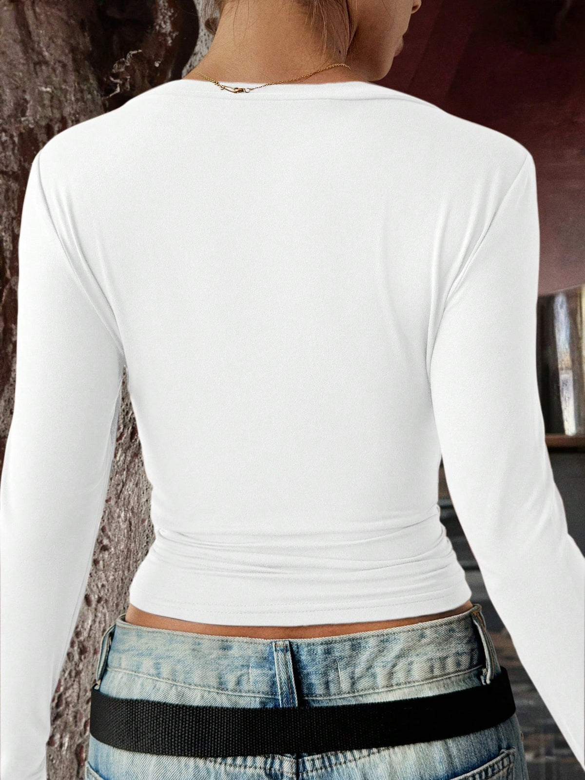GLAMSKIN Women's Summer/Autumn Basic Striped Colorblock Trim V-Neck Long Sleeve Top, Back To School/Outing/Streetwear Casual