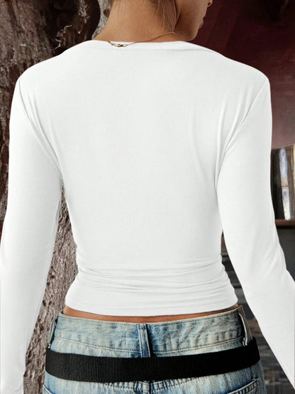 GLAMSKIN Women's Summer/Autumn Basic Striped Colorblock Trim V-Neck Long Sleeve Top, Back To School/Outing/Streetwear Casual