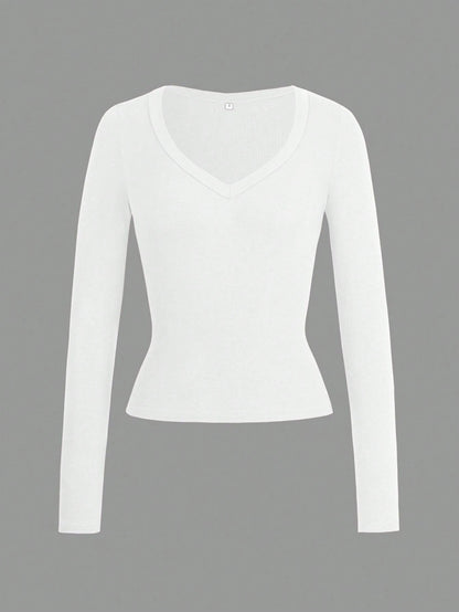 GLAMSKIN Women's Summer/Autumn Basic Striped Colorblock Trim V-Neck Long Sleeve Top, Back To School/Outing/Streetwear Casual
