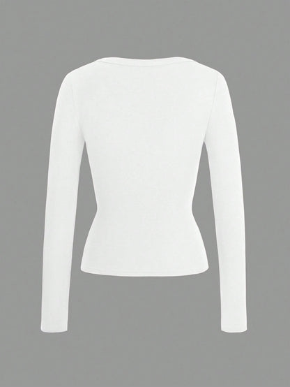 GLAMSKIN Women's Summer/Autumn Basic Striped Colorblock Trim V-Neck Long Sleeve Top, Back To School/Outing/Streetwear Casual