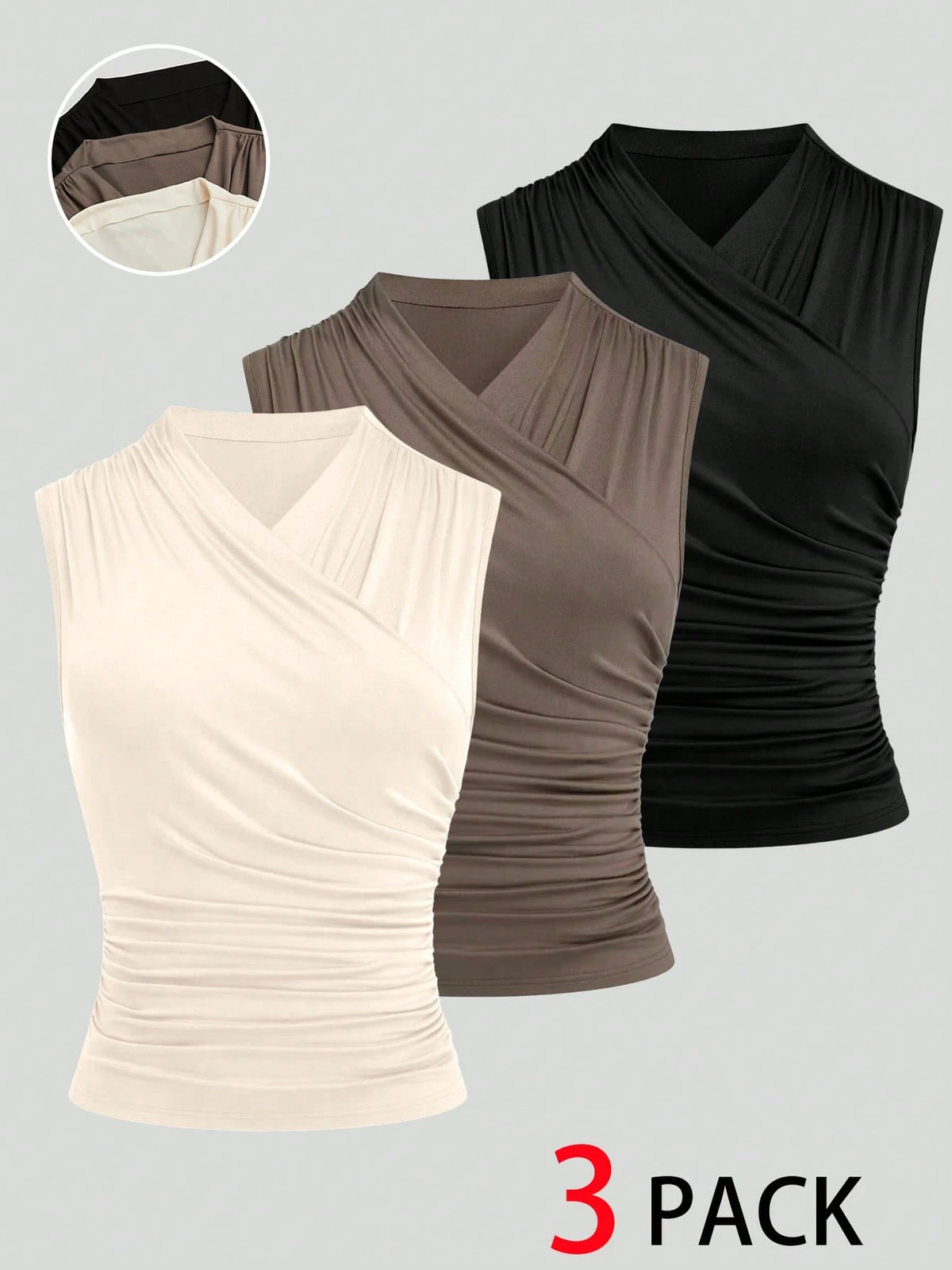 GlowEve CURVE 3pcs Plus Size Women's Elegant Layered Collar Fitted Tops,Summer Everyday Chocolate Brown Beige Blouses,Earth Tone,Vacation,Office Formal Commute