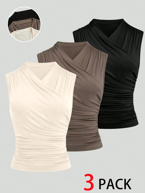 GlowEve CURVE 3pcs Plus Size Women's Elegant Layered Collar Fitted Tops,Summer Everyday Chocolate Brown Beige Blouses,Earth Tone,Vacation,Office Formal Commute