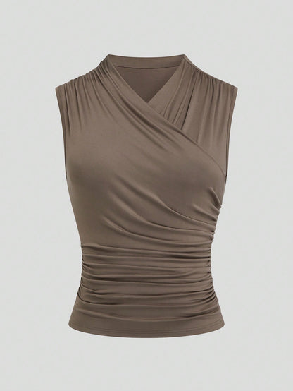 GlowEve CURVE 3pcs Plus Size Women's Elegant Layered Collar Fitted Tops,Summer Everyday Chocolate Brown Beige Blouses,Earth Tone,Vacation,Office Formal Commute