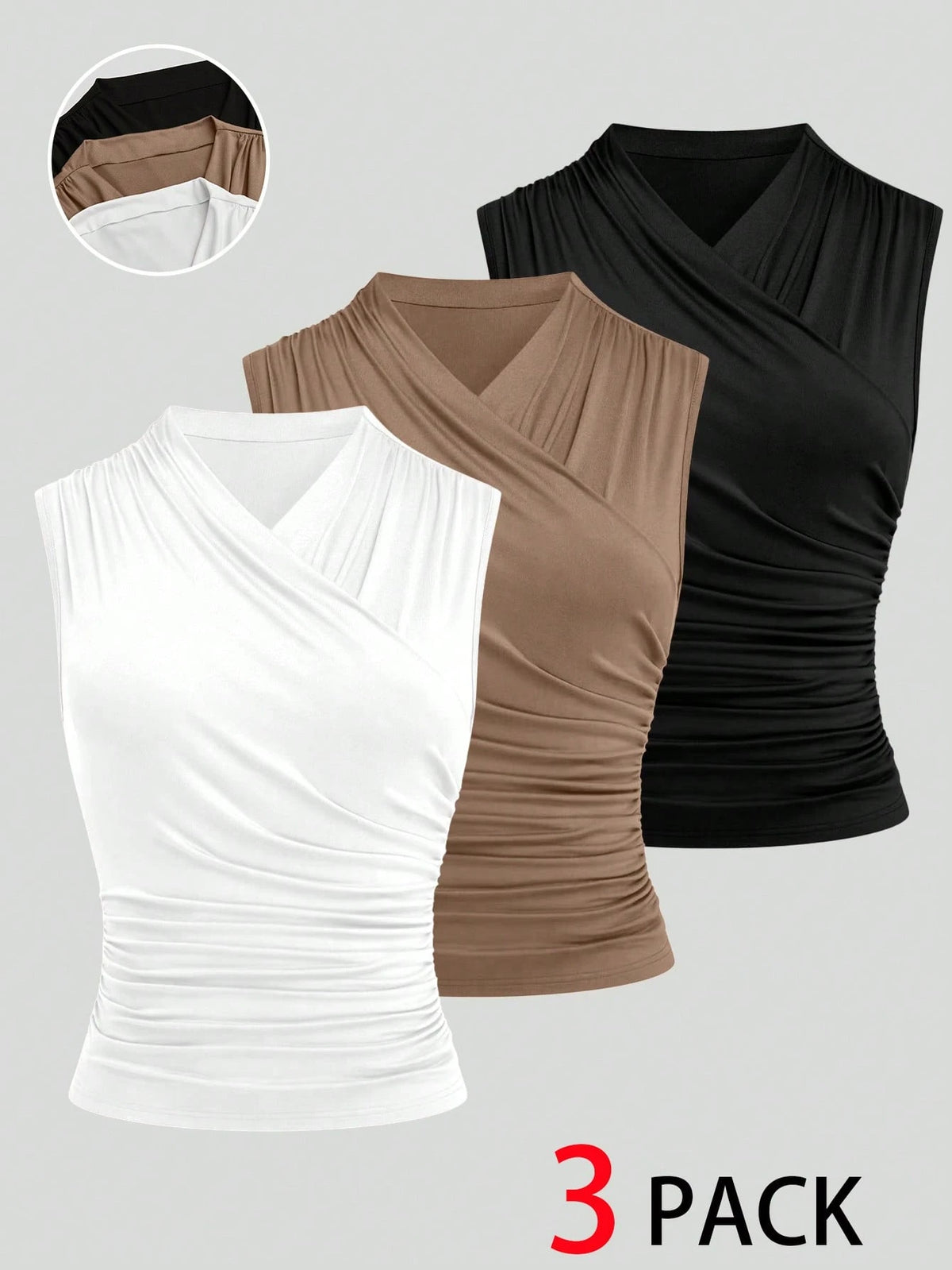GlowEve CURVE 3pcs Plus Size Women's Elegant Layered Collar Fitted Tops,Summer Everyday Chocolate Brown Beige Blouses,Earth Tone,Vacation,Office Formal Commute