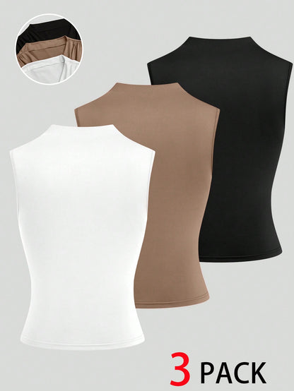 GlowEve CURVE 3pcs Plus Size Women's Elegant Layered Collar Fitted Tops,Summer Everyday Chocolate Brown Beige Blouses,Earth Tone,Vacation,Office Formal Commute