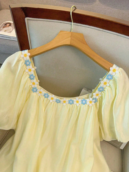 GlowEve CURVE Plus Size Woven Regular Fit Shirt With Embroidered Lace Trim Pastel Yellow Top Blouse Summer Yellow Babydoll Top Square Neck Blouse Cute Blouses Tops For Women Summer Cute Women's Tops F