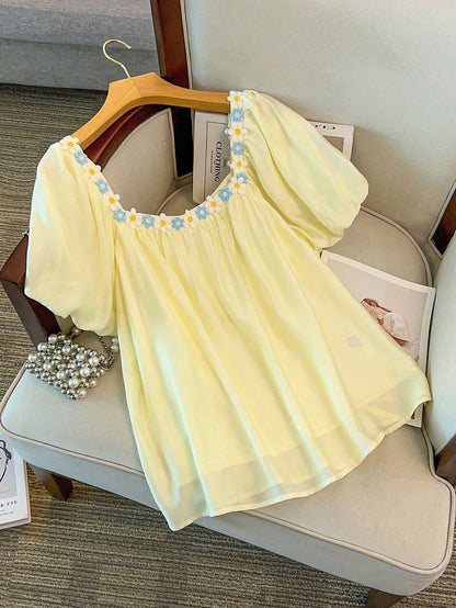 GlowEve CURVE Plus Size Woven Regular Fit Shirt With Embroidered Lace Trim Pastel Yellow Top Blouse Summer Yellow Babydoll Top Square Neck Blouse Cute Blouses Tops For Women Summer Cute Women's Tops F