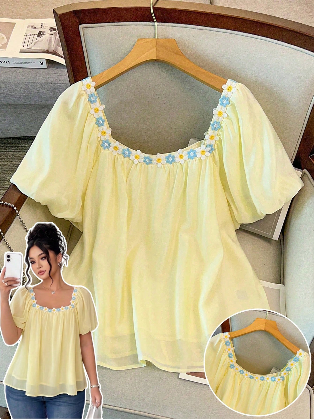 GlowEve CURVE Plus Size Woven Regular Fit Shirt With Embroidered Lace Trim Pastel Yellow Top Blouse Summer Yellow Babydoll Top Square Neck Blouse Cute Blouses Tops For Women Summer Cute Women's Tops F