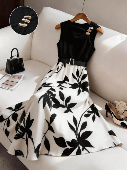 GlowEve Women's Black Floral Patchwork Mid-Length A-Line Dress,Elegant Summer Office Commute Asymmetric Collar Sleeveless Metal Buckle Decor Leaf Print Dress