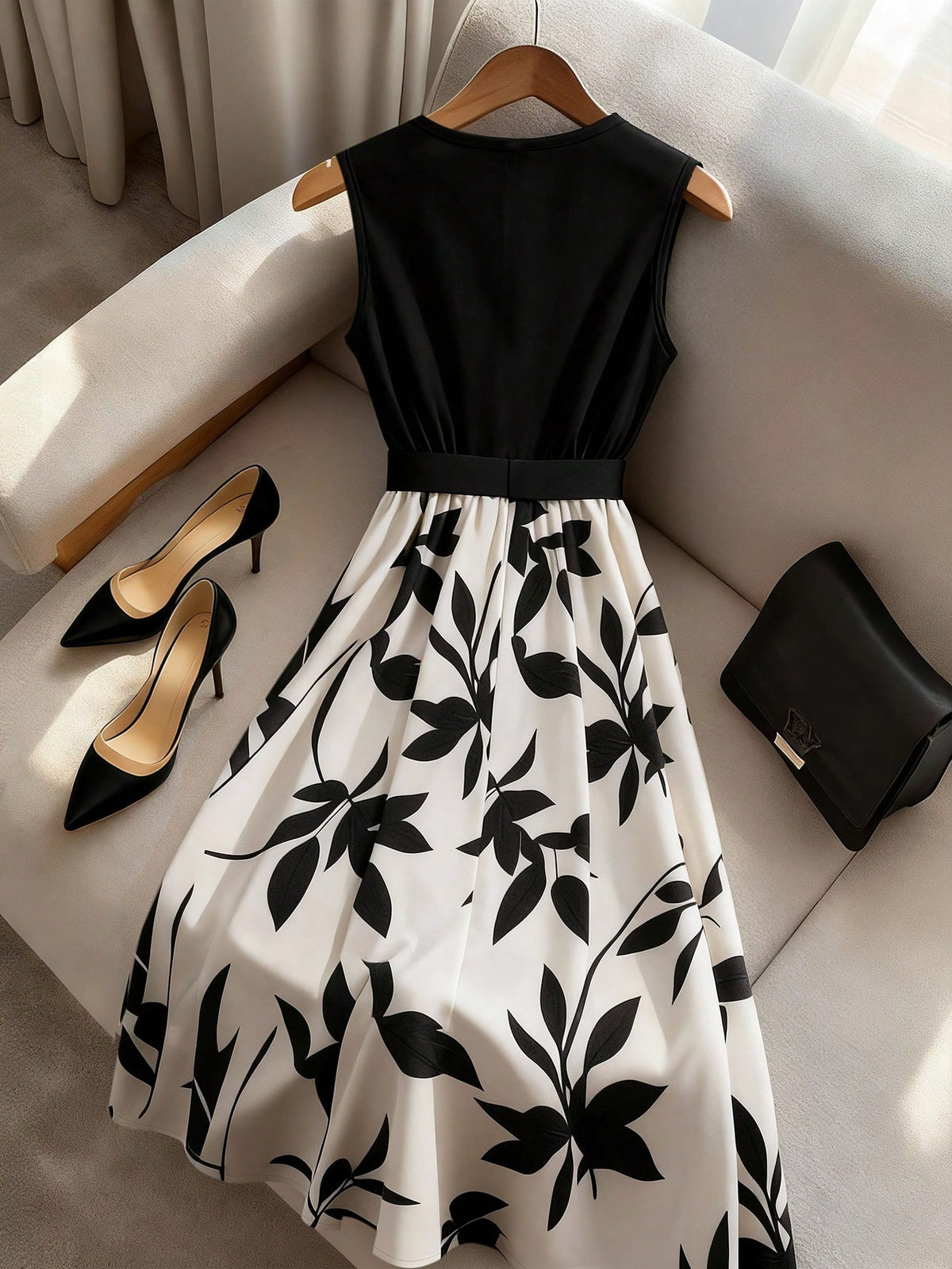 GlowEve Women's Black Floral Patchwork Mid-Length A-Line Dress,Elegant Summer Office Commute Asymmetric Collar Sleeveless Metal Buckle Decor Leaf Print Dress