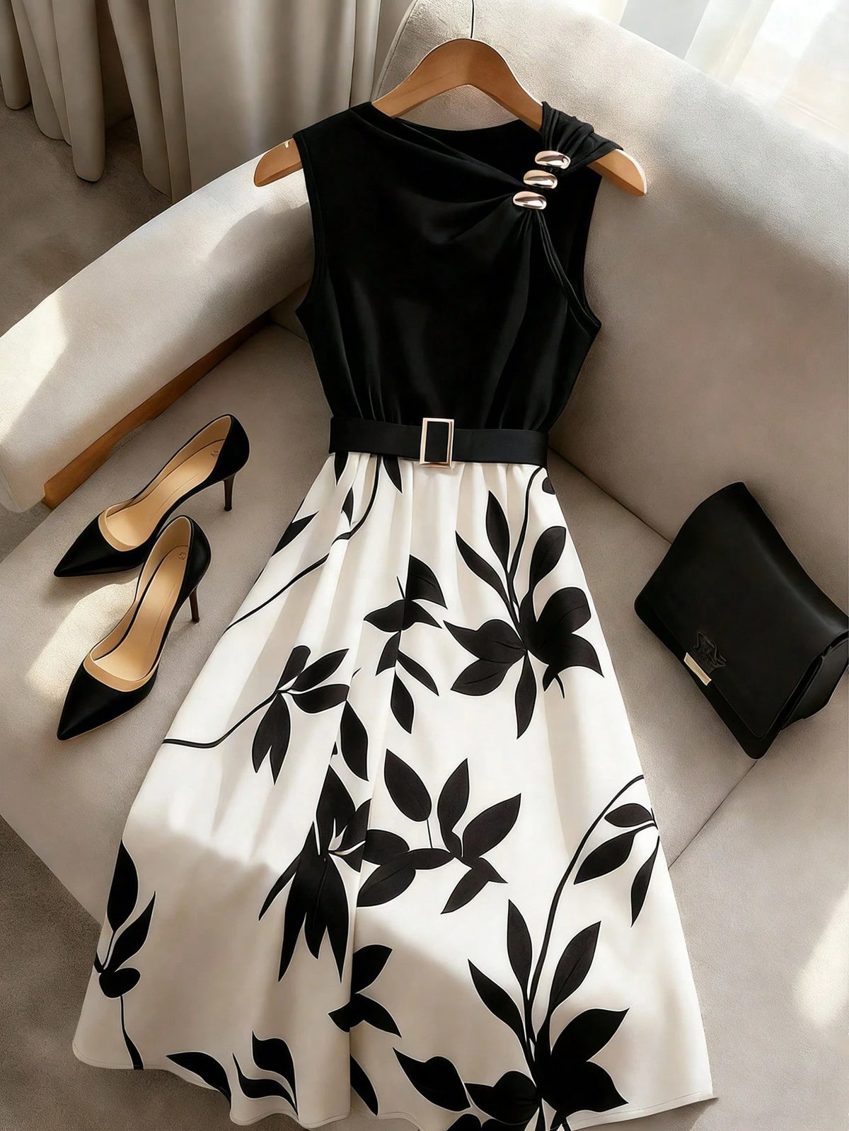 GlowEve Women's Black Floral Patchwork Mid-Length A-Line Dress,Elegant Summer Office Commute Asymmetric Collar Sleeveless Metal Buckle Decor Leaf Print Dress