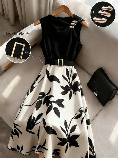 GlowEve Women's Black Floral Patchwork Mid-Length A-Line Dress,Elegant Summer Office Commute Asymmetric Collar Sleeveless Metal Buckle Decor Leaf Print Dress