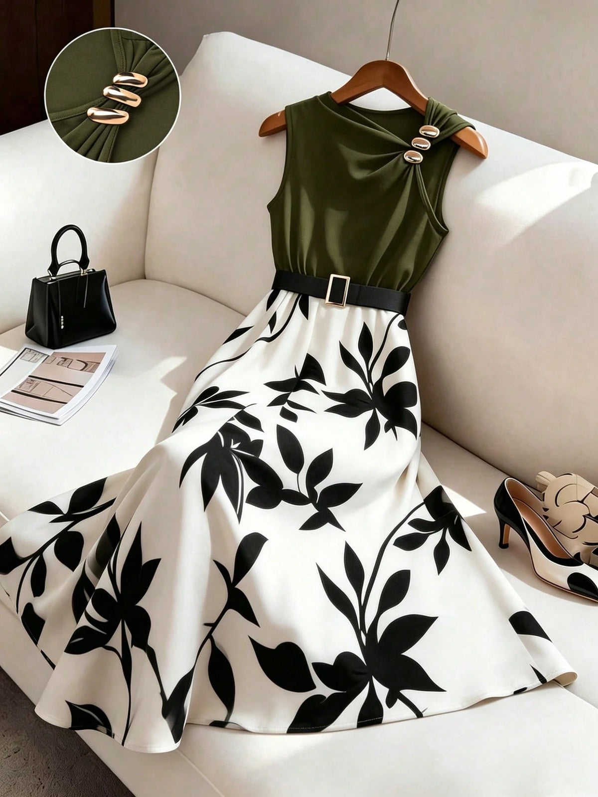 GlowEve Women's Black Floral Patchwork Mid-Length A-Line Dress,Elegant Summer Office Commute Asymmetric Collar Sleeveless Metal Buckle Decor Leaf Print Dress