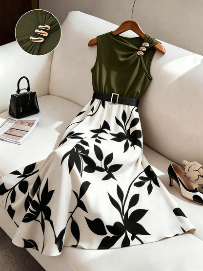 GlowEve Women's Black Floral Patchwork Mid-Length A-Line Dress,Elegant Summer Office Commute Asymmetric Collar Sleeveless Metal Buckle Decor Leaf Print Dress