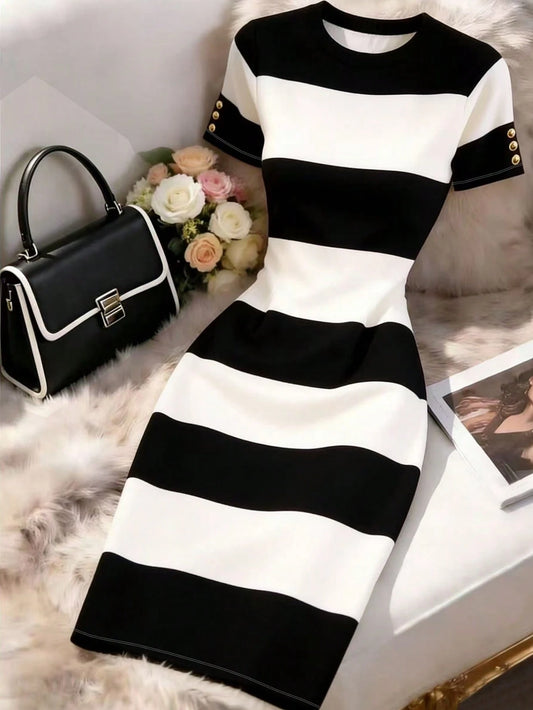 GlowEve Women's Elegant Contrast Color Striped Slim Fit Mid-Length Dress, Summer