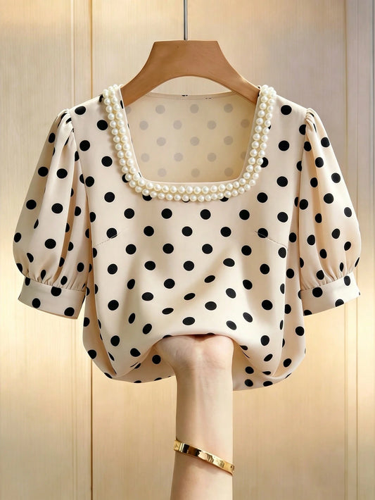 GlowEve Women's Elegant Retro French Polka Dot Print Square Collar Faux Pearl Decor Petal Sleeve Blouse, Summer