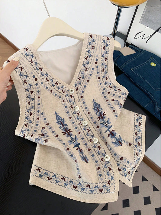 GlowEve Women's Floral Pattern V-Neck Single-Breasted Casual Tank Top