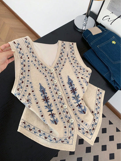 GlowEve Women's Floral Pattern V-Neck Single-Breasted Casual Tank Top
