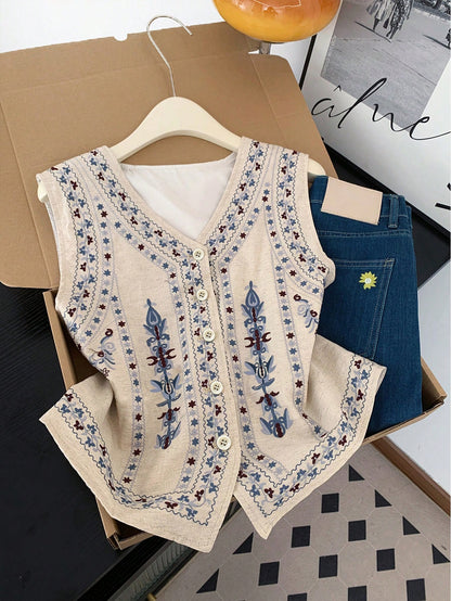 GlowEve Women's Floral Pattern V-Neck Single-Breasted Casual Tank Top