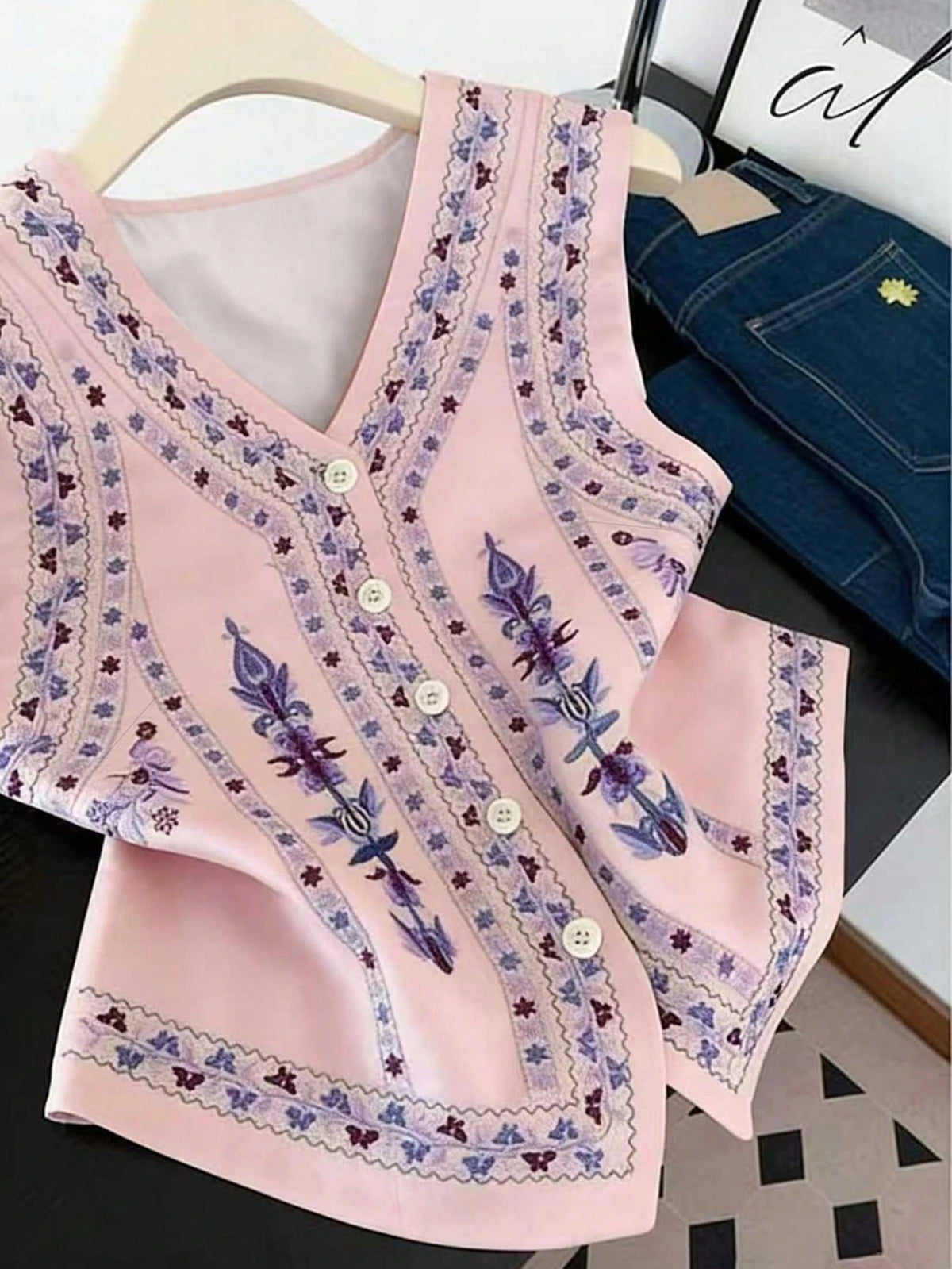GlowEve Women's Floral Pattern V-Neck Single-Breasted Casual Tank Top