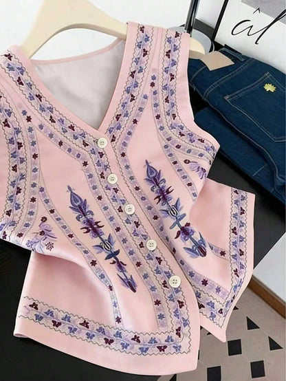GlowEve Women's Floral Pattern V-Neck Single-Breasted Casual Tank Top