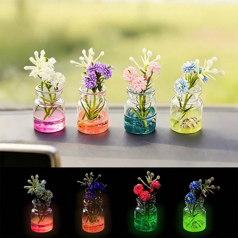 Glowing Resin Mini Vase Set, Random Mixed Color Cute Mini Vase With Artificial Flowers, Hexagonal Desktop Decor, Colorful Fluorescent Decoration, Suitable For Home, Car, Party, No Power Needed, Creati