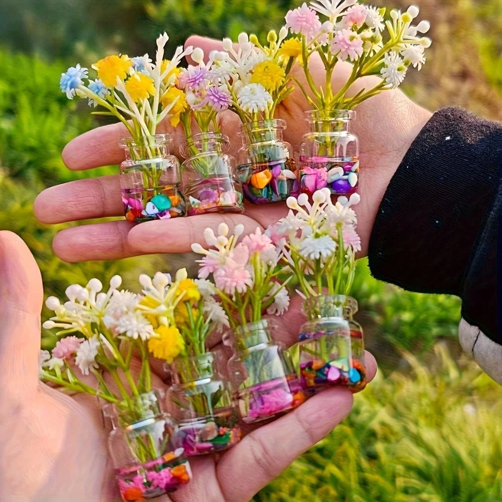 Glowing Resin Mini Vase Set, Random Mixed Color Cute Mini Vase With Artificial Flowers, Hexagonal Desktop Decor, Colorful Fluorescent Decoration, Suitable For Home, Car, Party, No Power Needed, Creati
