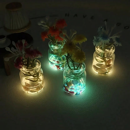 Glowing Resin Mini Vase Set, Random Mixed Color Cute Mini Vase With Artificial Flowers, Hexagonal Desktop Decor, Colorful Fluorescent Decoration, Suitable For Home, Car, Party, No Power Needed, Creati