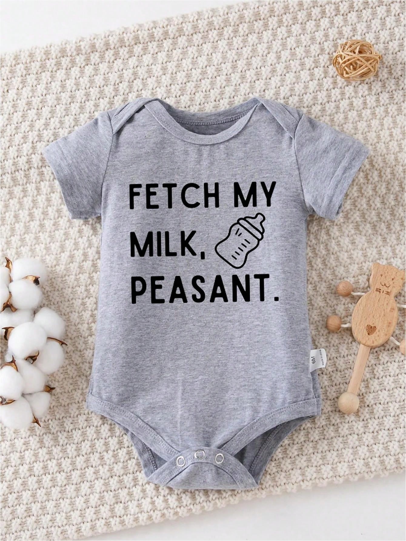 Go Get Me Milk, Farmer's Letter Print, Comfortable Summer Outdoor Activity Transparent Jacket, 100% Cotton Newborn Crawling Suit, Soft And Fashionable Short Sleeved Baby Triangle Jumpsuit