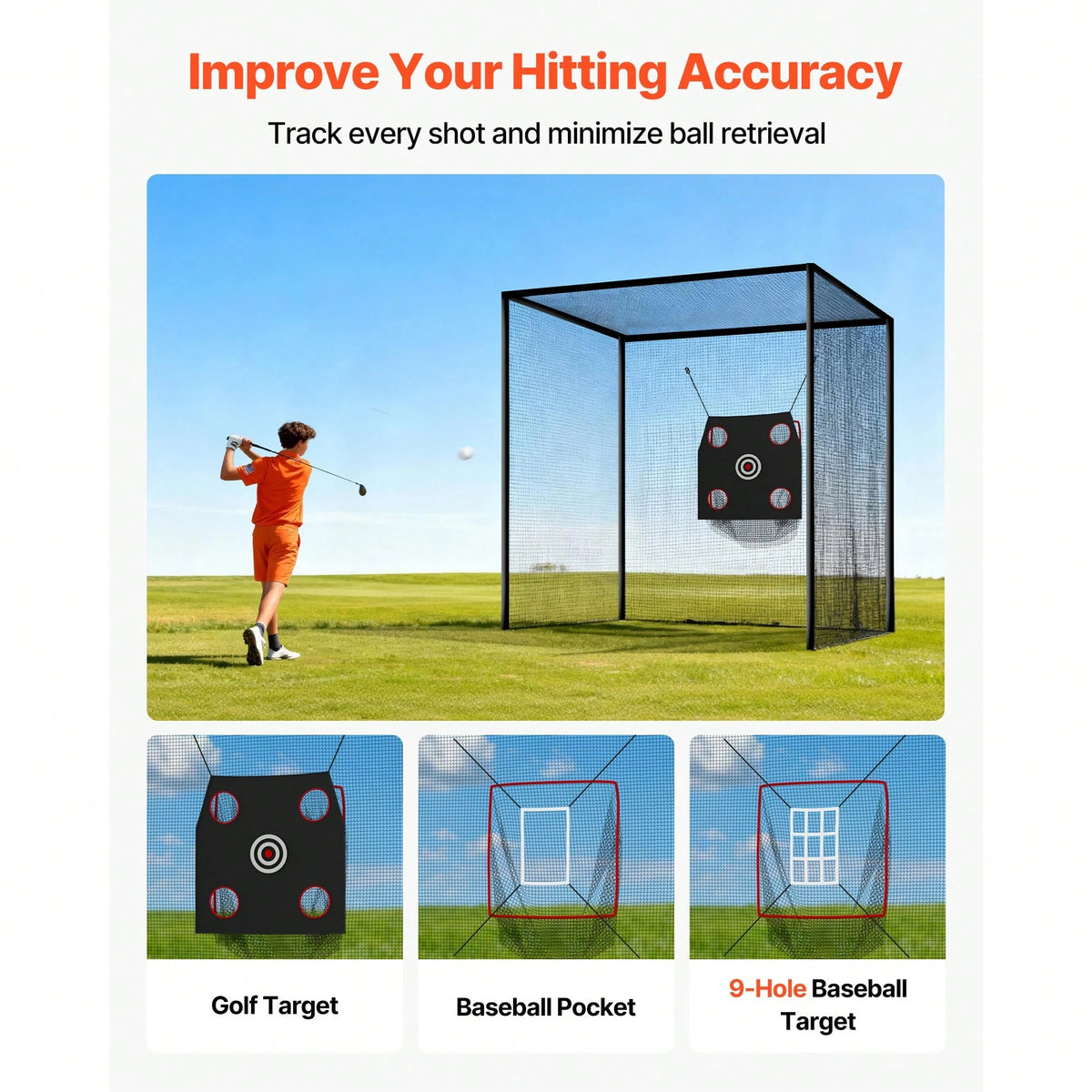 Golf Batting Cage, 10 X 10 X 10 FT Golf Cage, Driving Hitting Cages With 3-Ply Knotless Polyester, Golfs Target & 9-Hole Baseball Target, Golfs Hitting Net For Indoor, Outdoor, Backyard