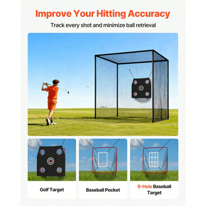 Golf Batting Cage, 10 X 10 X 10 FT Golf Cage, Driving Hitting Cages With 3-Ply Knotless Polyester, Golfs Target & 9-Hole Baseball Target, Golfs Hitting Net For Indoor, Outdoor, Backyard