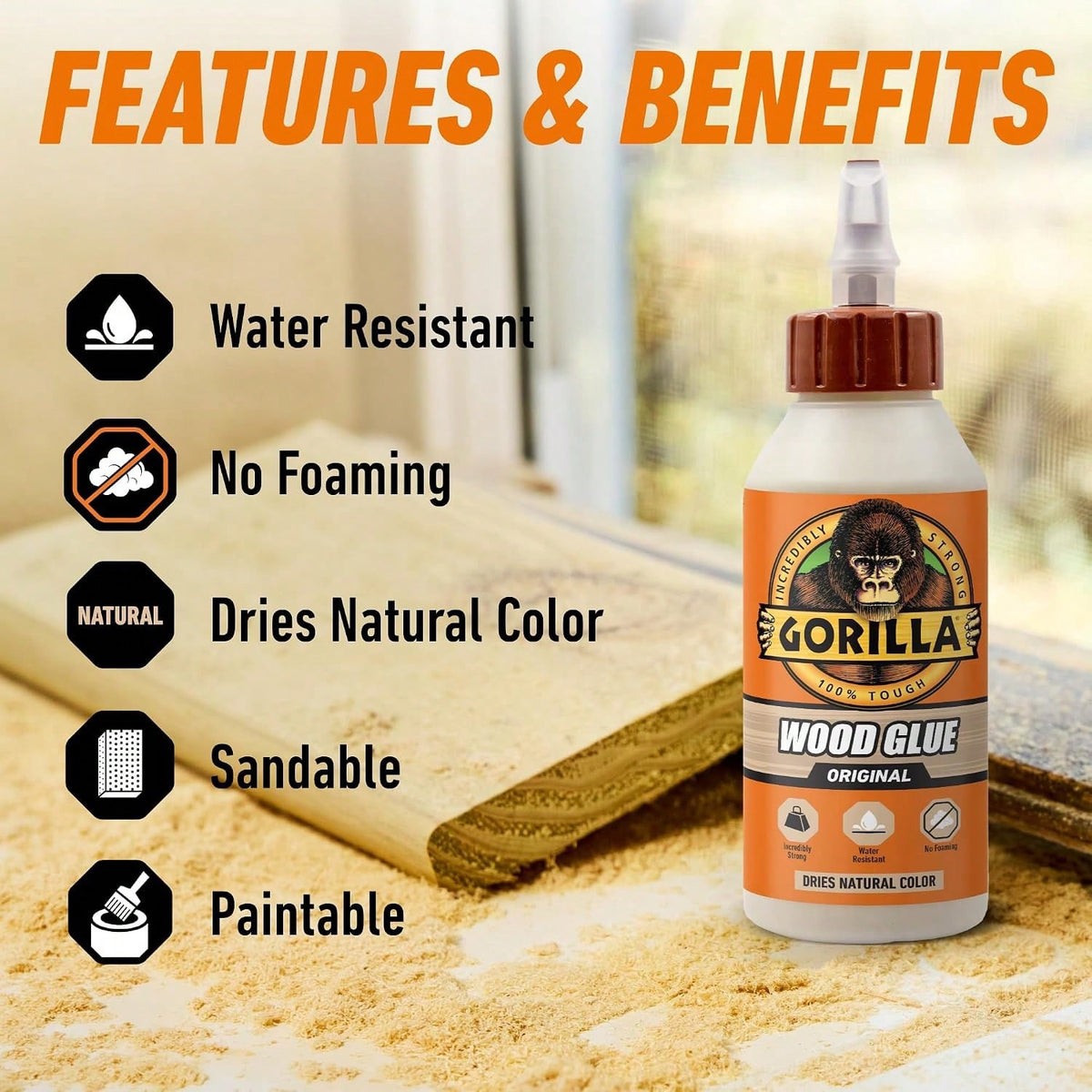 Gorilla Wood Glue, 8 Oz., Water Resistant PVA Wood Glue For Indoor &Amp; Outdoor Projects, Fast Clamp, Natural Color, Paintable &Amp; Sandable