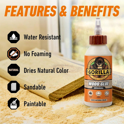Gorilla Wood Glue, 8 Oz., Water Resistant PVA Wood Glue For Indoor &Amp; Outdoor Projects, Fast Clamp, Natural Color, Paintable &Amp; Sandable