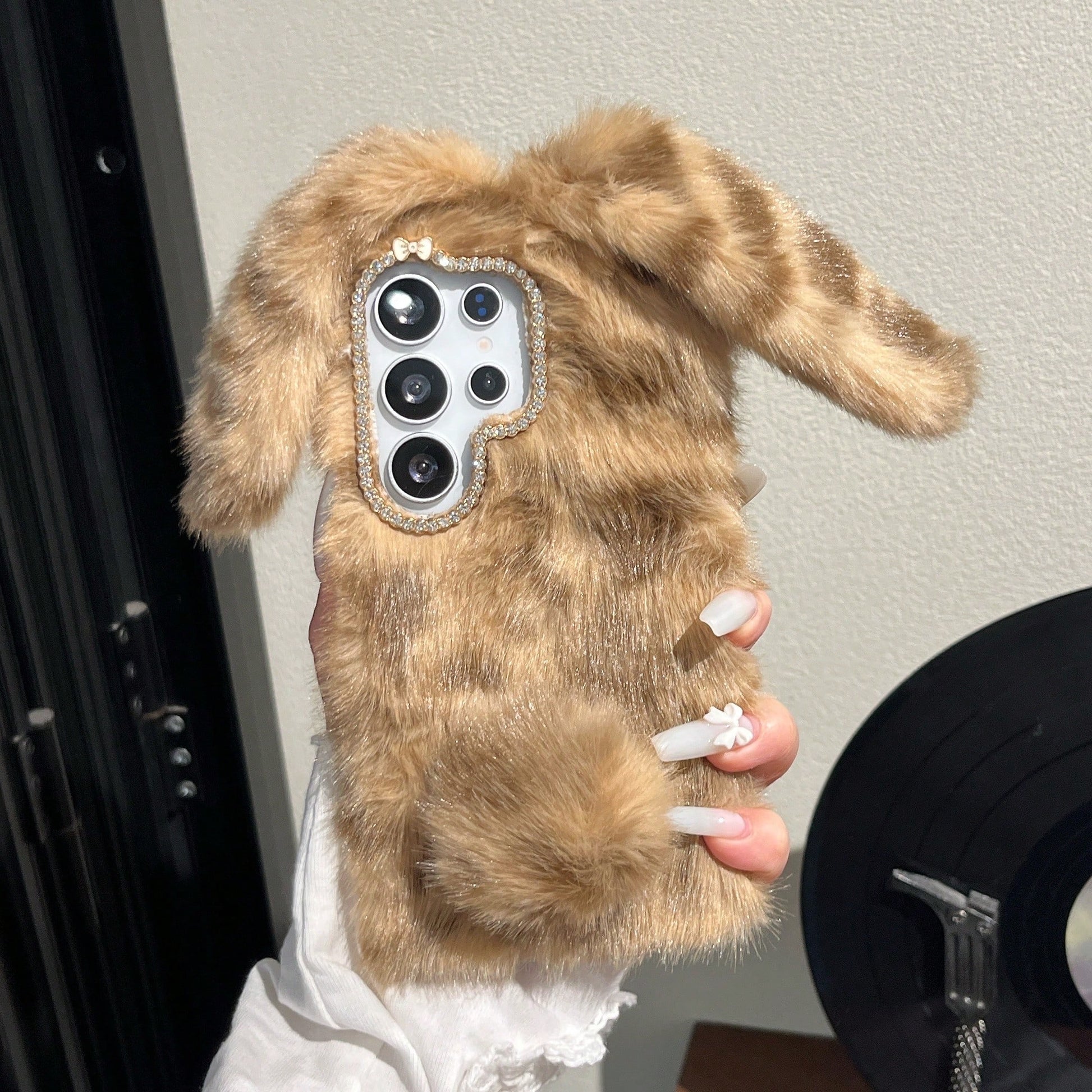 Grey And White Striped 3D Long-Eared Rabbit Phone Case Compatible With IPhone 17 Pro Max/ 16 Pro Max/ 15 Pro Max/ 14/ 13 Pro/ 12/ 11, Women's Protective Cover, Autumn/Winter, Note: Not Animal Fur