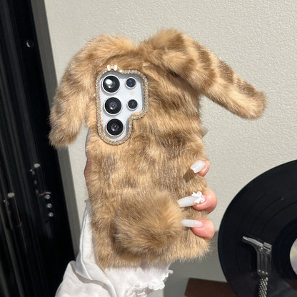 Grey And White Striped 3D Long-Eared Rabbit Phone Case Compatible With IPhone 17 Pro Max/ 16 Pro Max/ 15 Pro Max/ 14/ 13 Pro/ 12/ 11, Women's Protective Cover, Autumn/Winter, Note: Not Animal Fur