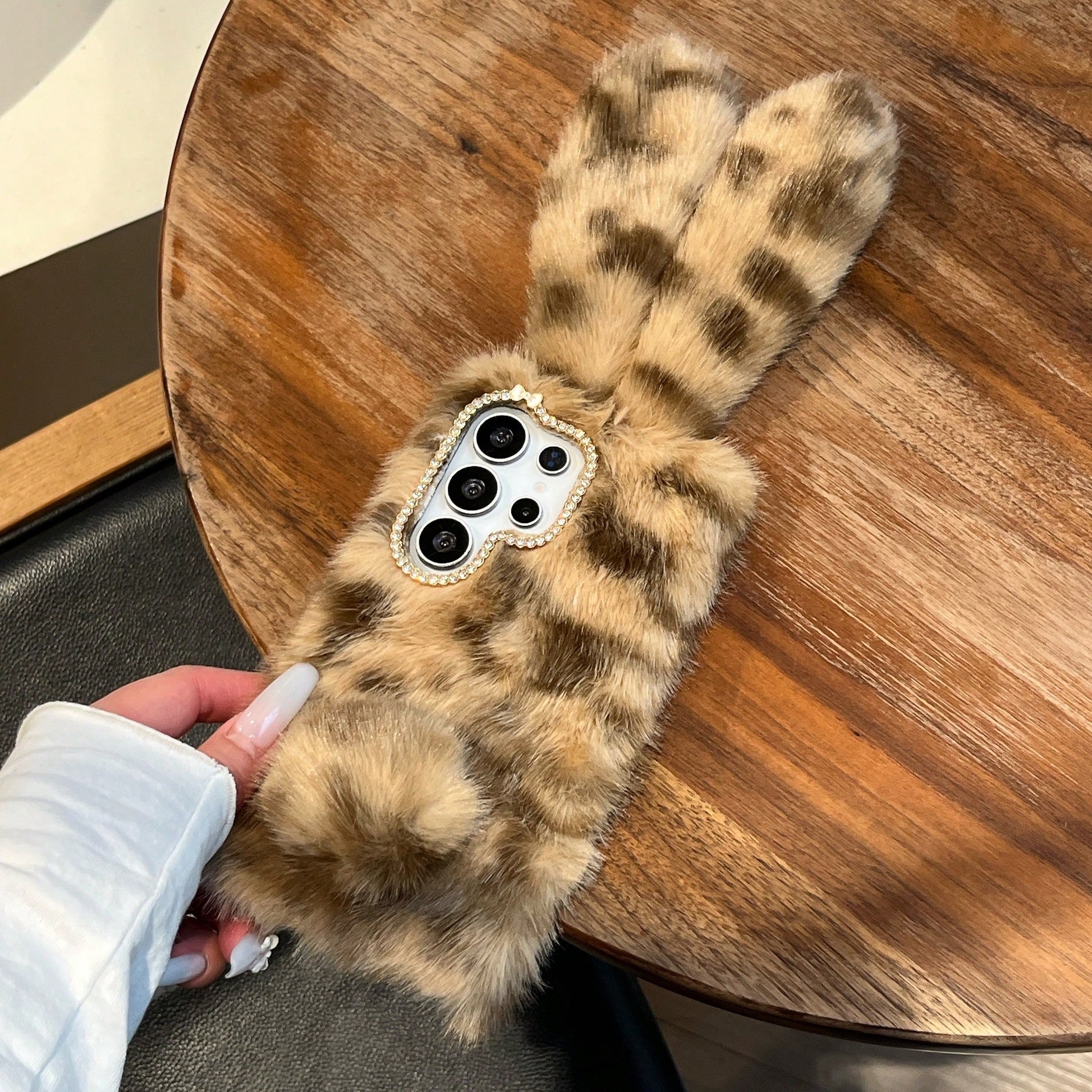 Grey And White Striped 3D Long-Eared Rabbit Phone Case Compatible With IPhone 17 Pro Max/ 16 Pro Max/ 15 Pro Max/ 14/ 13 Pro/ 12/ 11, Women's Protective Cover, Autumn/Winter, Note: Not Animal Fur