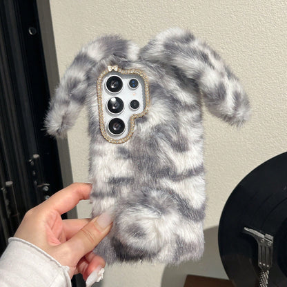 Grey And White Striped 3D Long-Eared Rabbit Phone Case Compatible With IPhone 17 Pro Max/ 16 Pro Max/ 15 Pro Max/ 14/ 13 Pro/ 12/ 11, Women's Protective Cover, Autumn/Winter, Note: Not Animal Fur