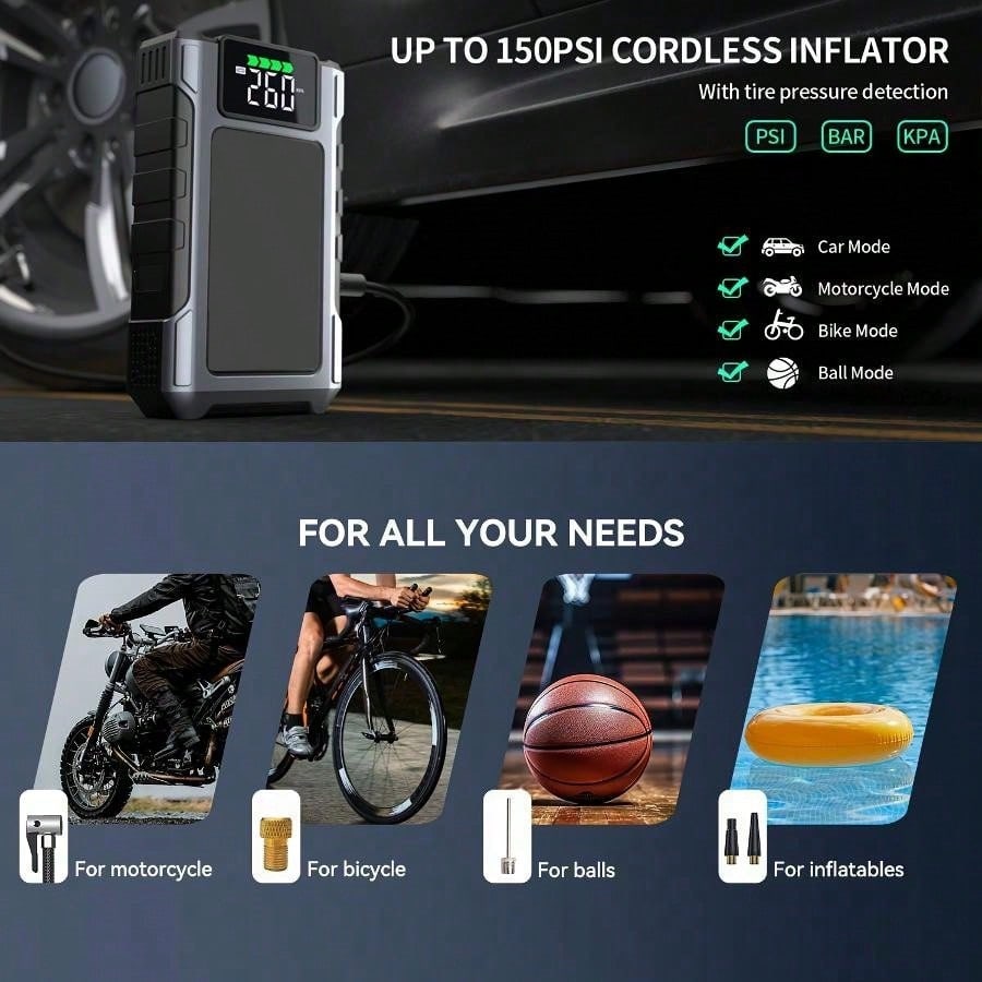 GRMA [4000A Peak| Portable] 4000A Peak Portable Tire Inflator| Car Jump Starter + Air Compressor All-In-One| 2.38G Gasoline, 1.98G, LED Light, USB Power Bank