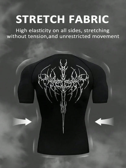 Gym Rark Men's Black And White Contrast Color Print T-Shirt And Pants Sports Suit,Summer Goth Gym Outfit Gothic Workout Clothes,Breathable Compression Set