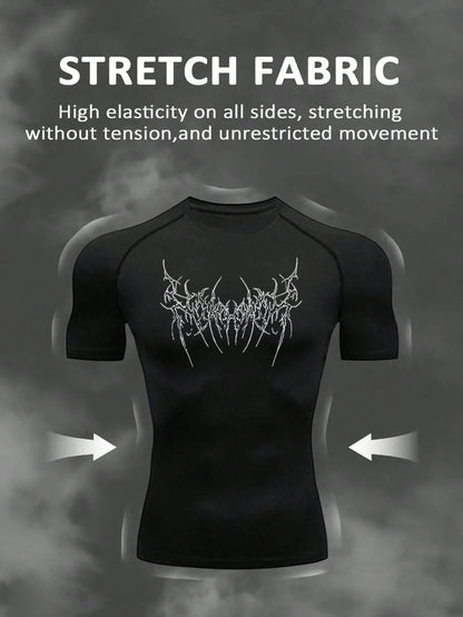 Gym Rark Men's Black And White Contrast Color Print T-Shirt And Pants Sports Suit,Summer Goth Gym Outfit Gothic Workout Clothes,Breathable Compression Set