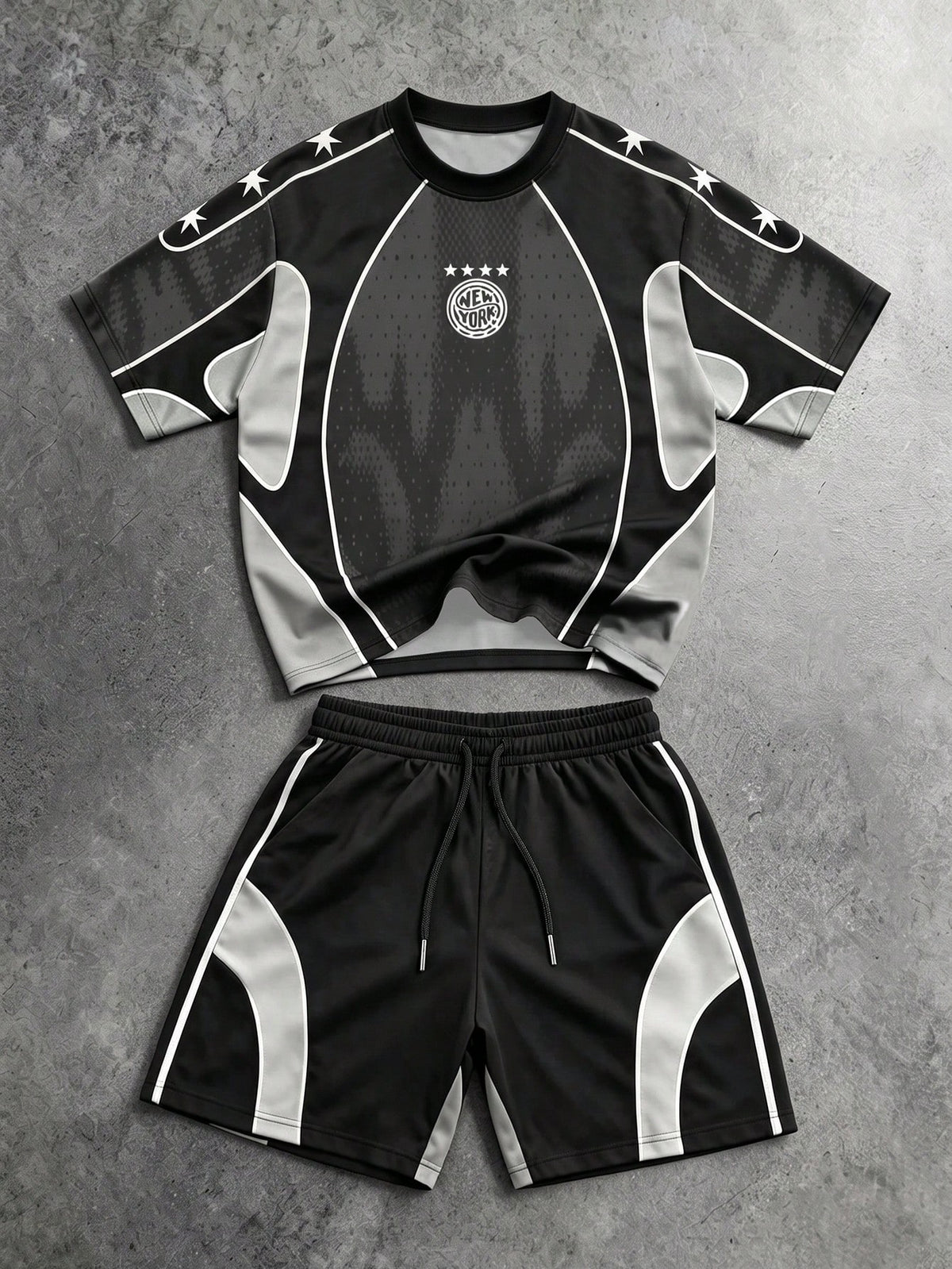 Gym Rark Men's Star Stripe Pattern Print Colorblock Crew Neck T-Shirt And Drawstring Waist Pocket Shorts Sports Set