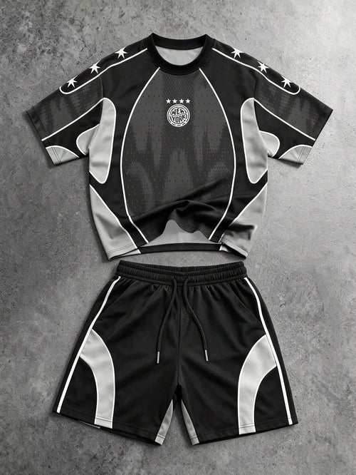 Gym Rark Men's Star Stripe Pattern Print Colorblock Crew Neck T-Shirt And Drawstring Waist Pocket Shorts Sports Set