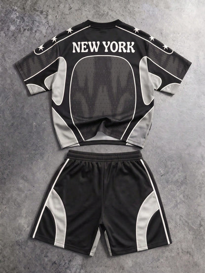 Gym Rark Men's Star Stripe Pattern Print Colorblock Crew Neck T-Shirt And Drawstring Waist Pocket Shorts Sports Set