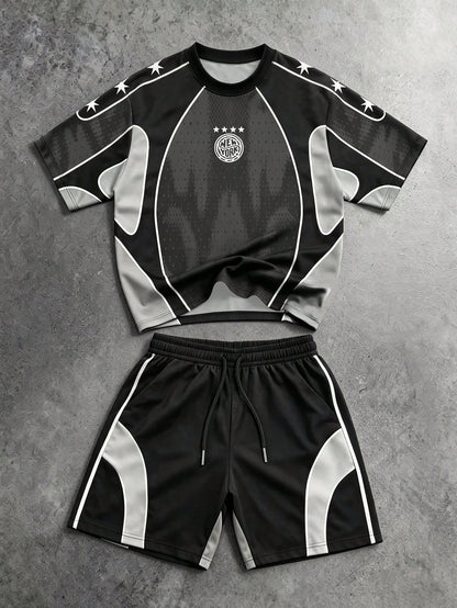 Gym Rark Men's Star Stripe Pattern Print Colorblock Crew Neck T-Shirt And Drawstring Waist Pocket Shorts Sports Set
