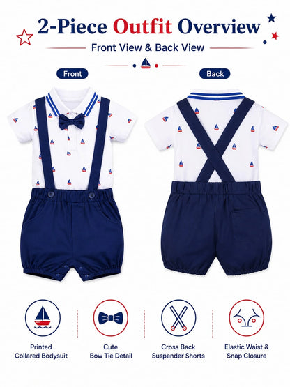 H HIBOBI 2pcs/Set Baby Boy Sailboat Printed Short Sleeve Romper And Dungaree Shorts Set For Spring/Summer